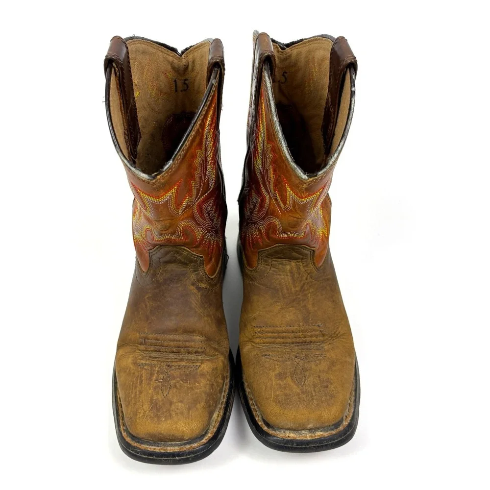 Ariat Kids WorkHog Square Toe Boots Sz 1.5‎ Brown Red Flame Embroidery Western